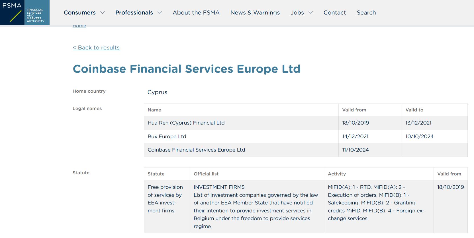 Details about Coinbase Financial Services Europe on FSMA registry